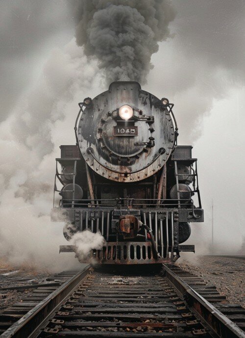 Railroad engine with smoke billowing out of it's stack, on railroad tracks coming towards the viewer.