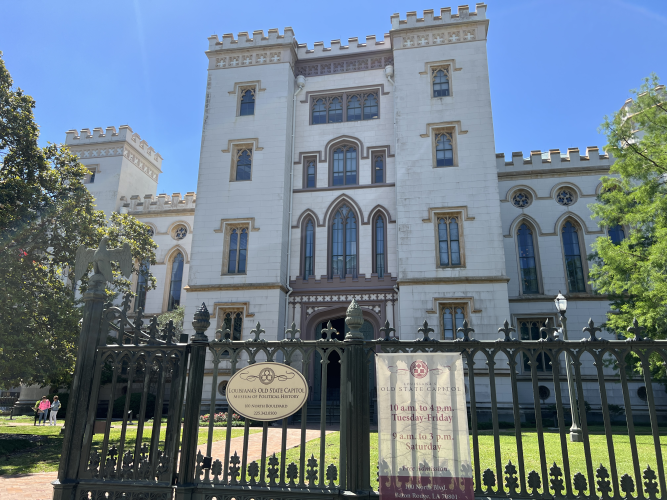 Old-State-capitol-baton-rouge View from the Observation Deck of the State Capitol showing the Mississippi River, the Pentagon Barracks, and the Rail line along the river.