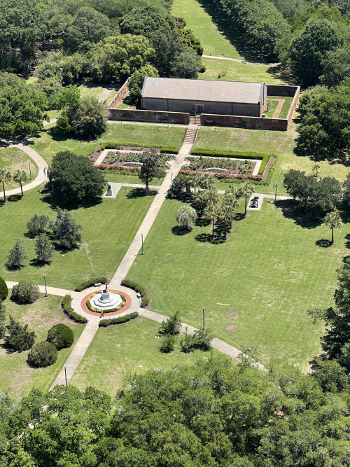 arsenal View from the Observation Deck of the State Capitol showing the Mississippi River, the Pentagon Barracks, and the Rail line along the river.